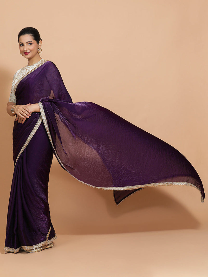 Nasreen DrapeFit™ One Minute Saree Combo | Purple Radiance Tissue Saree with Cream Embroidered Zeelaf Blouse | Ready-To-Wear Saree Optional-Binks