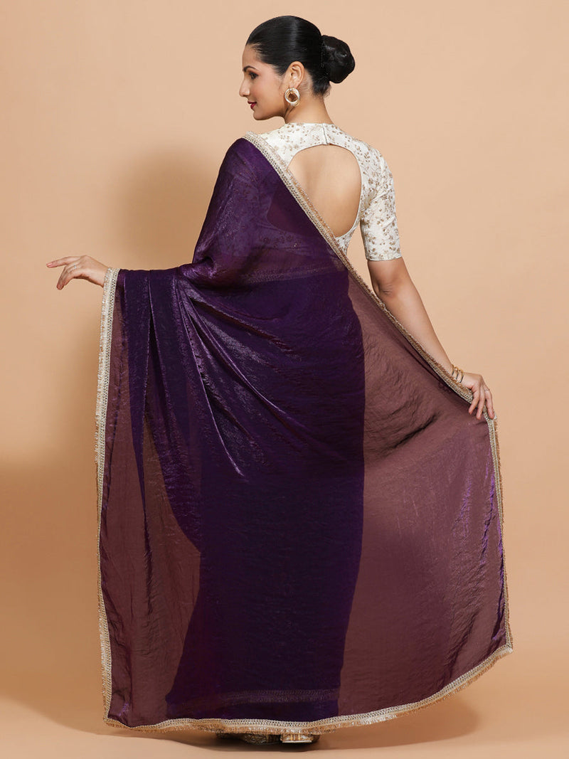 Nasreen DrapeFit™ One Minute Saree Combo | Purple Radiance Tissue Saree with Cream Embroidered Zeelaf Blouse | Ready-To-Wear Saree Optional-Binks