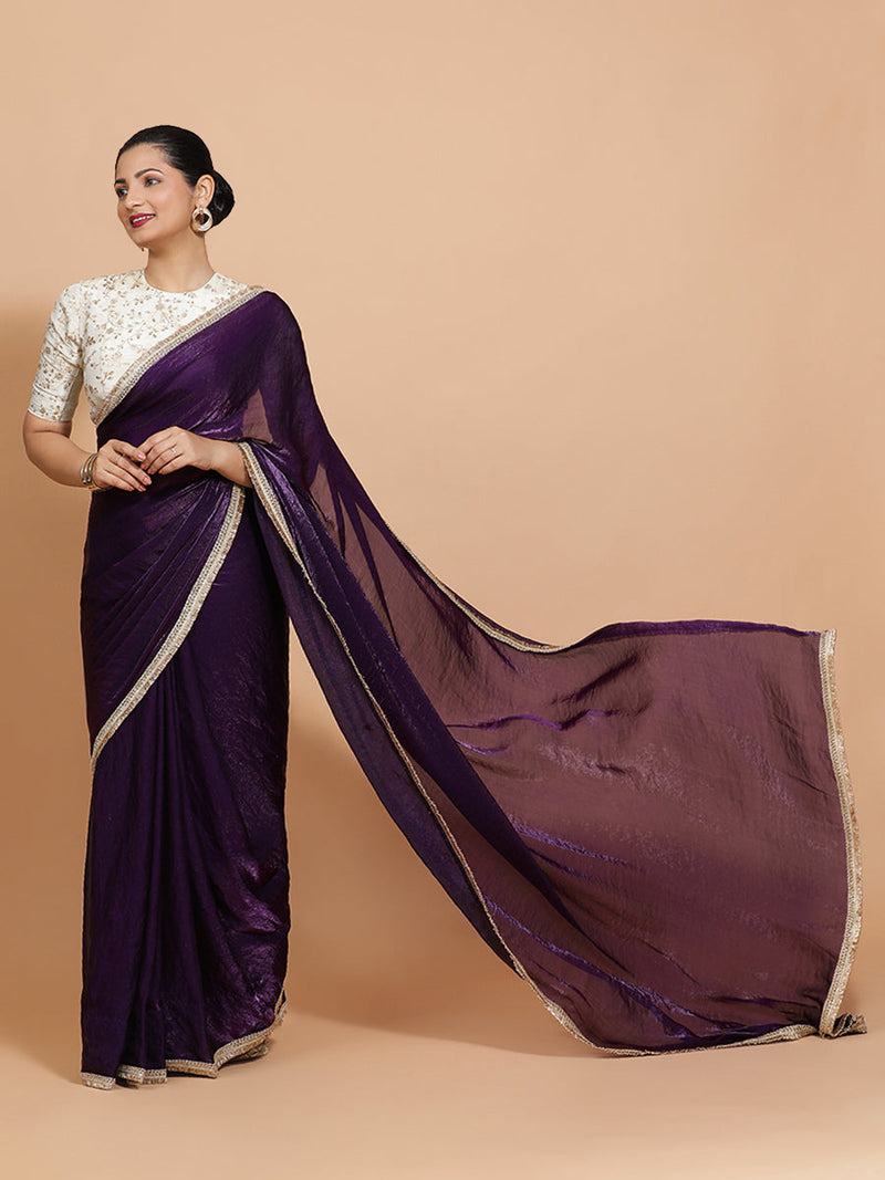 Nasreen DrapeFit™ One Minute Saree Combo | Purple Radiance Tissue Saree with Cream Embroidered Zeelaf Blouse | Ready-To-Wear Saree Optional-Binks