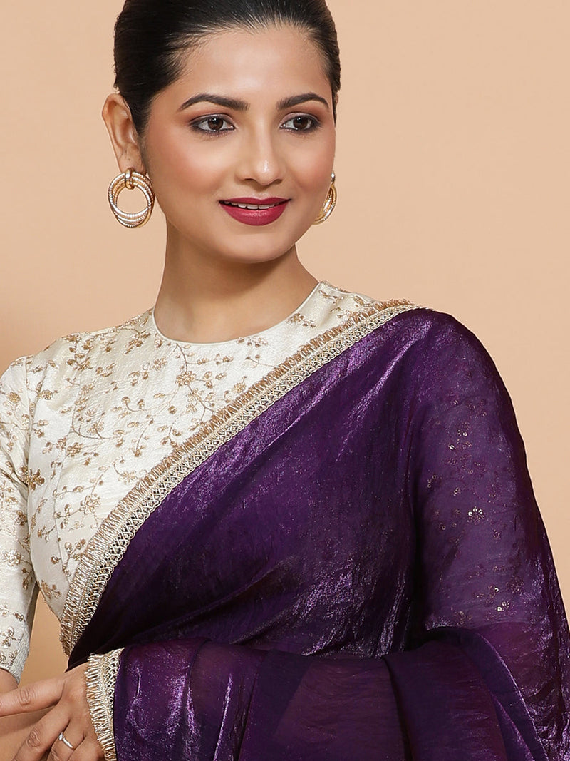 Nasreen DrapeFit™ One Minute Saree Combo | Purple Radiance Tissue Saree with Cream Embroidered Zeelaf Blouse | Ready-To-Wear Saree Optional-Binks