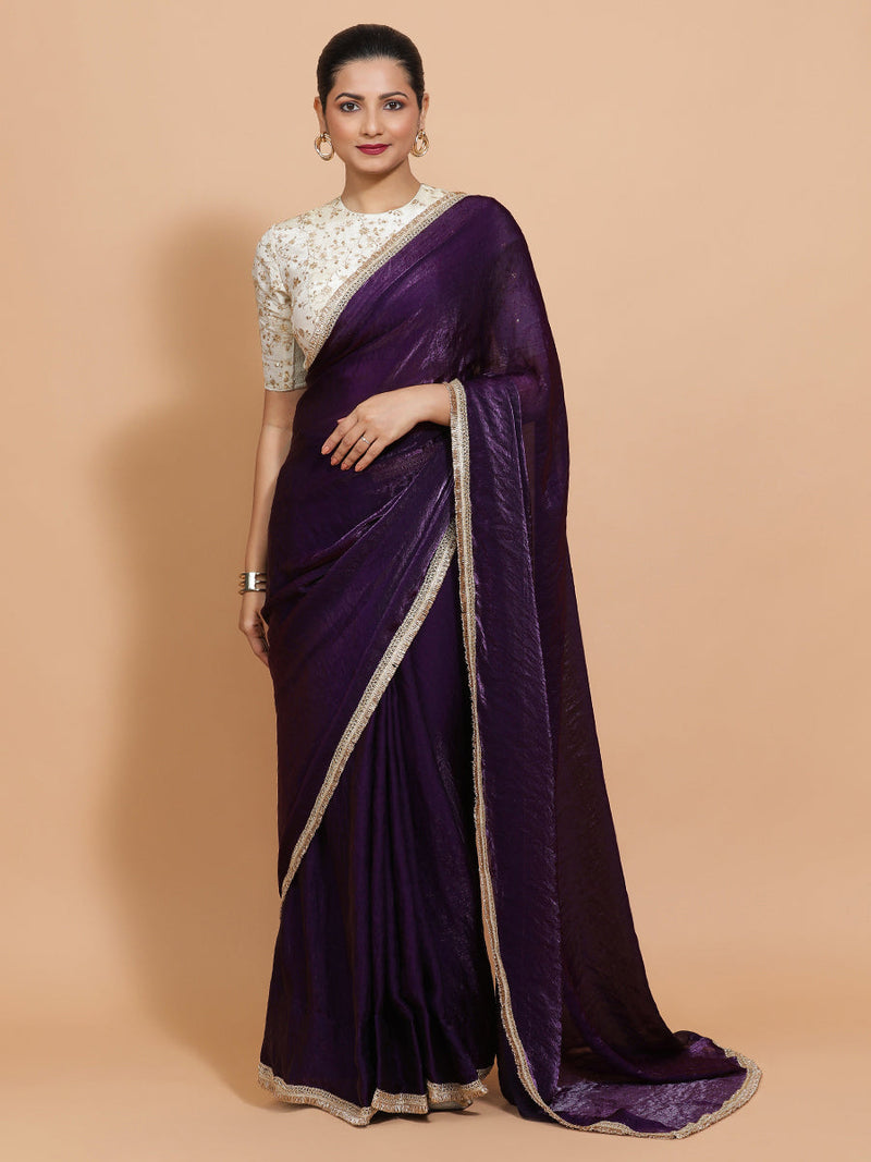 Nasreen DrapeFit™ One Minute Saree Combo | Purple Radiance Tissue Saree with Cream Embroidered Zeelaf Blouse | Ready-To-Wear Saree Optional-Binks