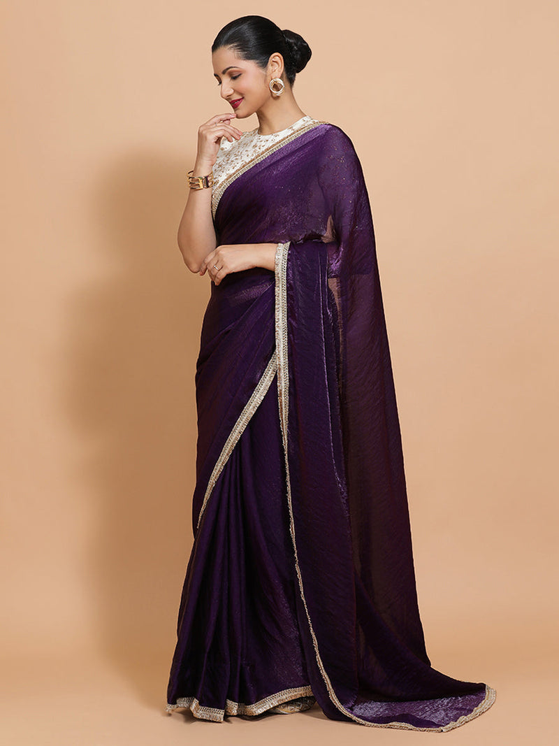 Nasreen DrapeFit™ One Minute Saree Combo | Purple Radiance Tissue Saree with Cream Embroidered Zeelaf Blouse | Ready-To-Wear Saree Optional-Binks