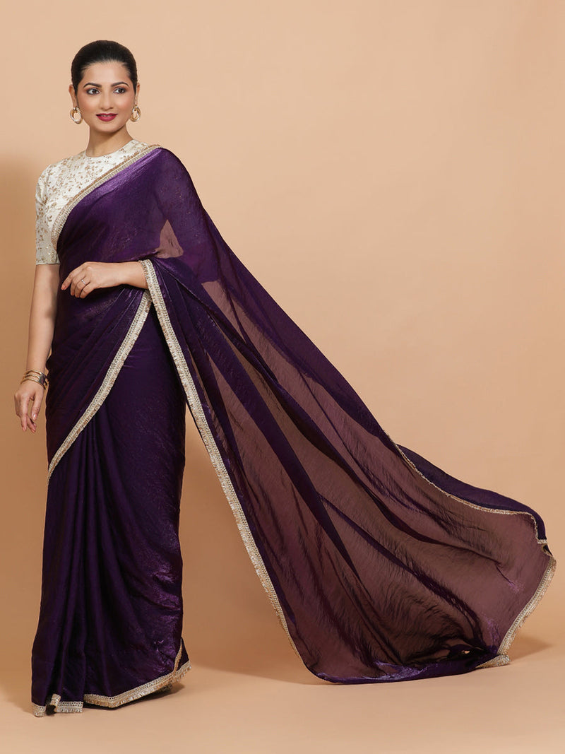 Nasreen DrapeFit™ One Minute Saree Combo | Purple Radiance Tissue Saree with Cream Embroidered Zeelaf Blouse | Ready-To-Wear Saree Optional-Binks