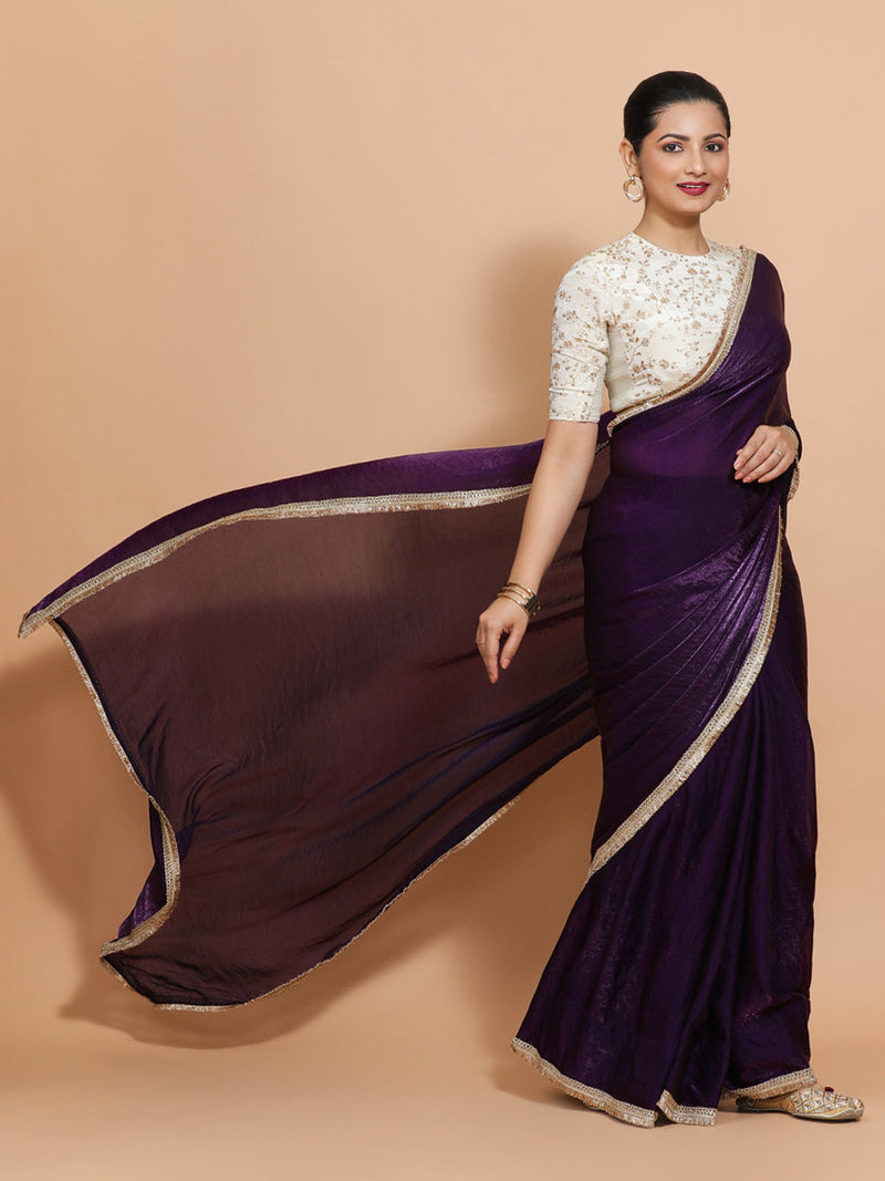 Nasreen DrapeFit™ One Minute Saree Combo | Purple Radiance Tissue Saree with Cream Embroidered Zeelaf Blouse | Ready-To-Wear Saree Optional-Binks
