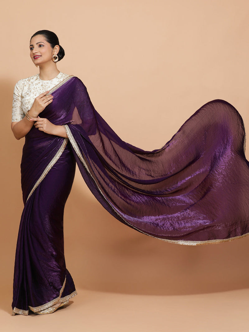 Nasreen DrapeFit™ One Minute Saree Combo | Purple Radiance Tissue Saree with Cream Embroidered Zeelaf Blouse | Ready-To-Wear Saree Optional-Binks