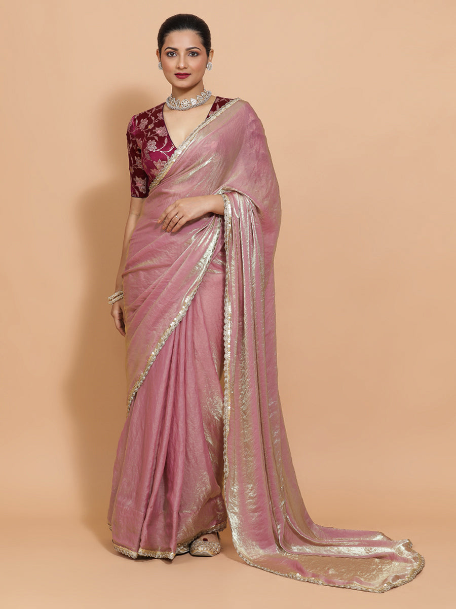 Noor DrapeFit One Minute Saree Combo, in Purple Meenakari Satin Viscose, featuring elbow sleeves, made for party & festive.