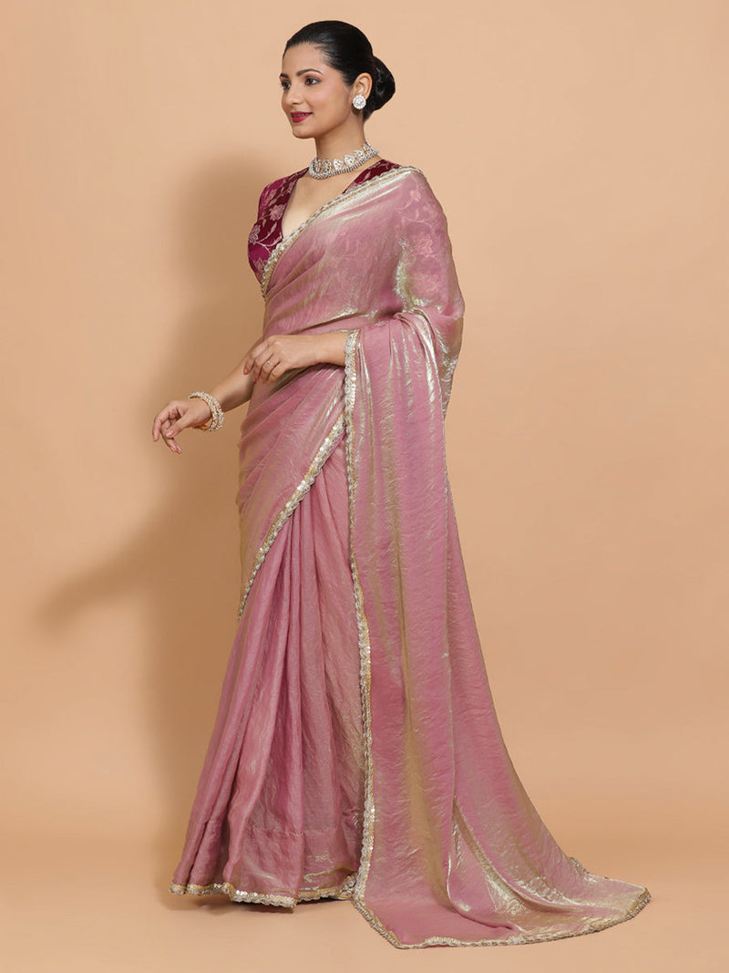 Noor DrapeFit™ One Minute Saree Combo | Silken Lavendar Tissue Saree with Purple Violet Meenakari Shabnam Blouse | Ready-To-Wear Saree Optional-Binks