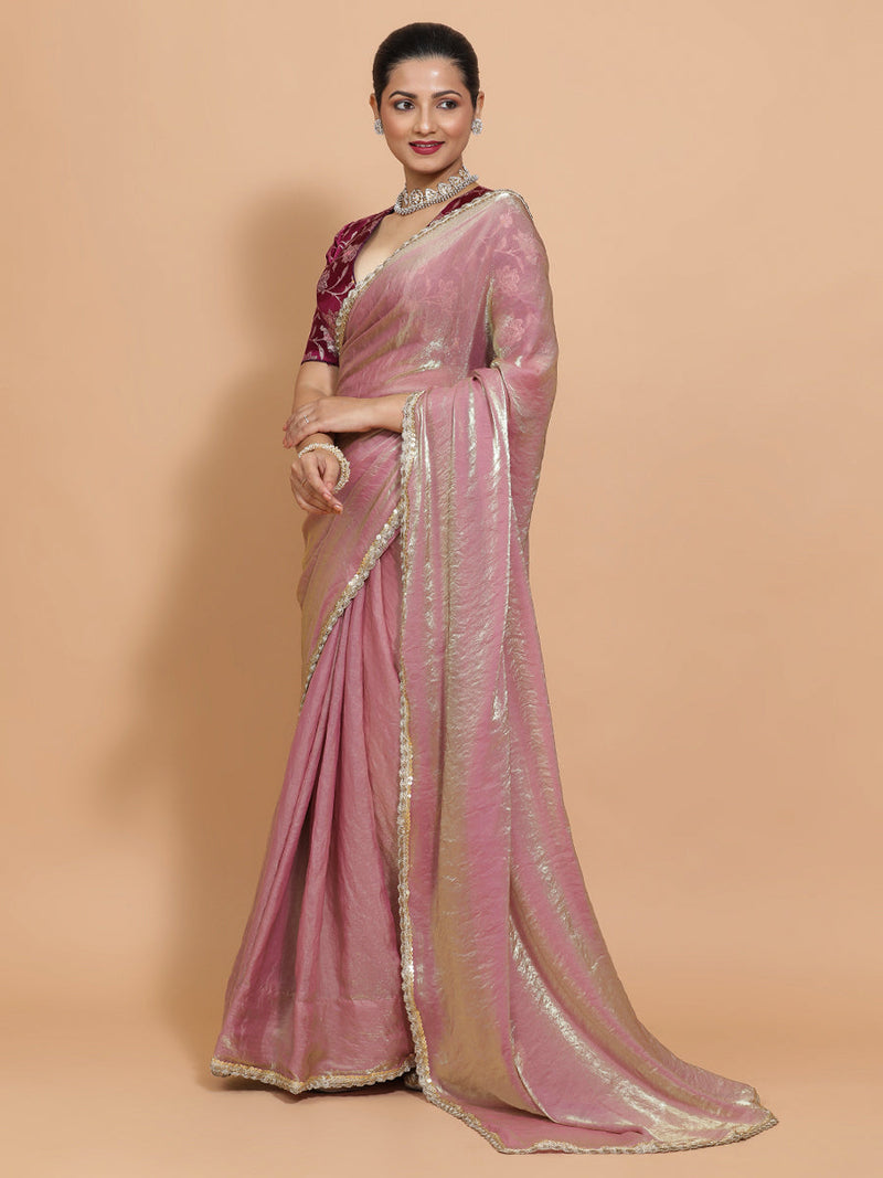 Noor DrapeFit™ One Minute Saree Combo | Silken Lavendar Tissue Saree with Purple Violet Meenakari Shabnam Blouse | Ready-To-Wear Saree Optional-Binks
