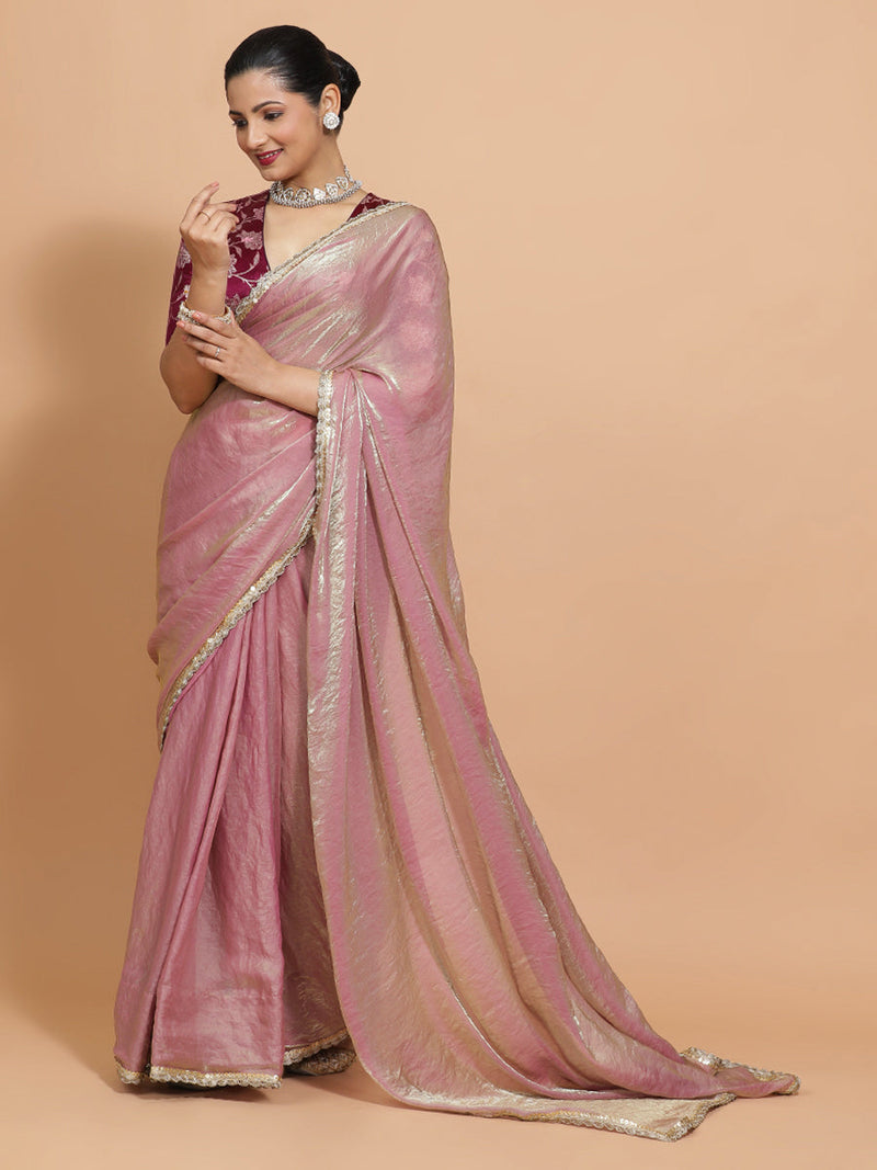 Noor DrapeFit™ One Minute Saree Combo | Silken Lavendar Tissue Saree with Purple Violet Meenakari Shabnam Blouse | Ready-To-Wear Saree Optional-Binks