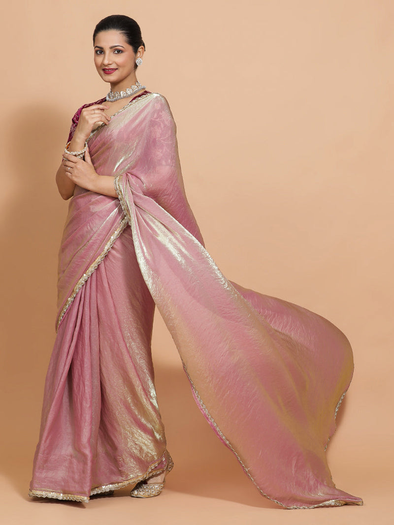 Noor DrapeFit™ One Minute Saree Combo | Silken Lavendar Tissue Saree with Purple Violet Meenakari Shabnam Blouse | Ready-To-Wear Saree Optional-Binks