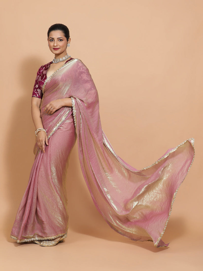 Noor DrapeFit™ One Minute Saree Combo | Silken Lavendar Tissue Saree with Purple Violet Meenakari Shabnam Blouse | Ready-To-Wear Saree Optional-Binks
