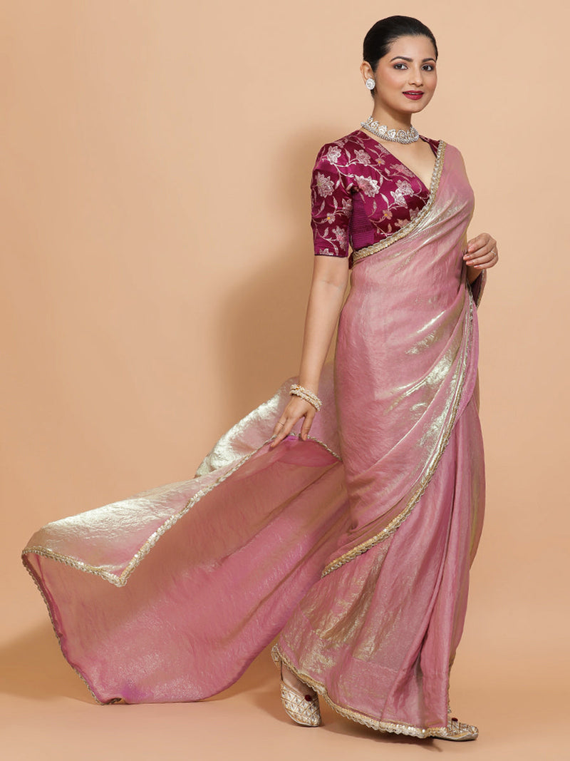 Noor DrapeFit™ One Minute Saree Combo | Silken Lavendar Tissue Saree with Purple Violet Meenakari Shabnam Blouse | Ready-To-Wear Saree Optional-Binks