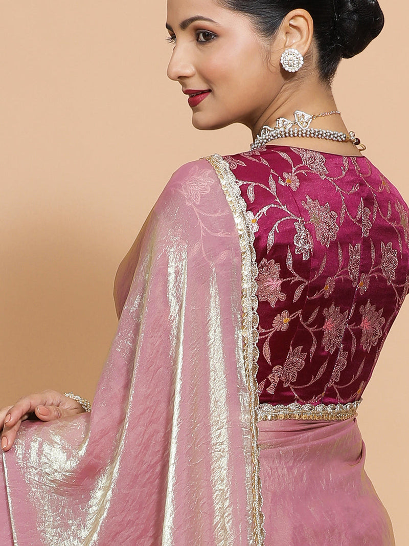 Noor DrapeFit™ One Minute Saree Combo | Silken Lavendar Tissue Saree with Purple Violet Meenakari Shabnam Blouse | Ready-To-Wear Saree Optional-Binks