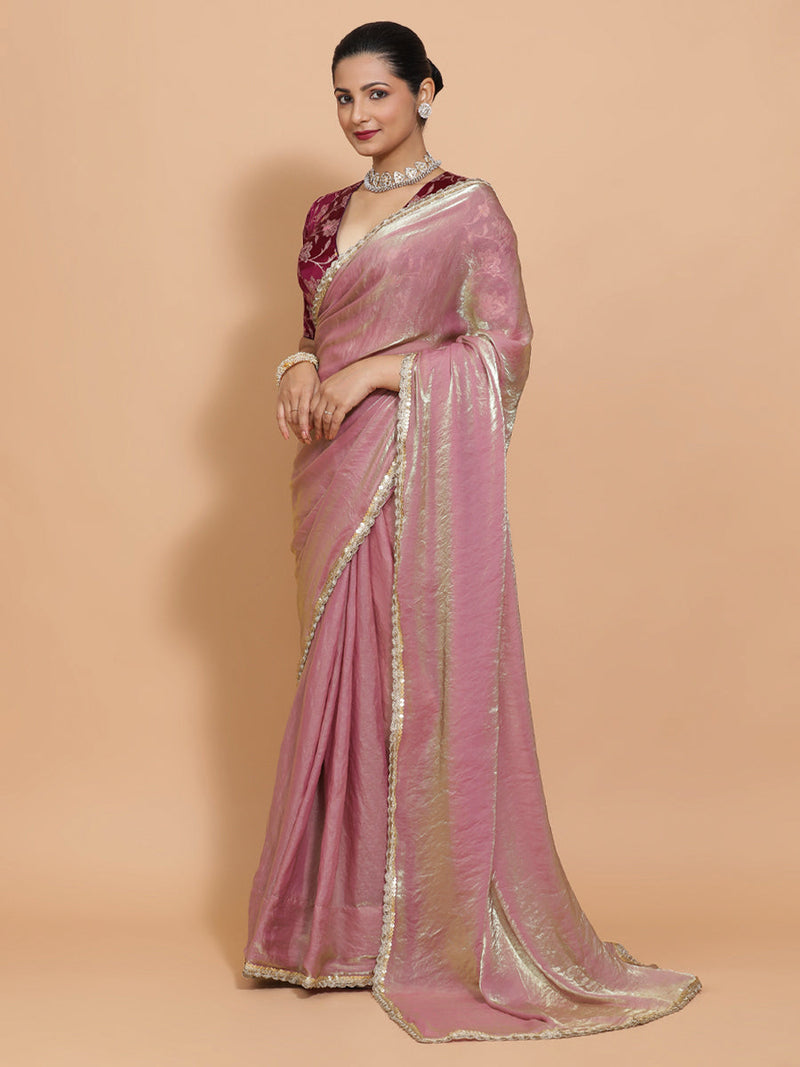 Noor DrapeFit™ One Minute Saree Combo | Silken Lavendar Tissue Saree with Purple Violet Meenakari Shabnam Blouse | Ready-To-Wear Saree Optional-Binks