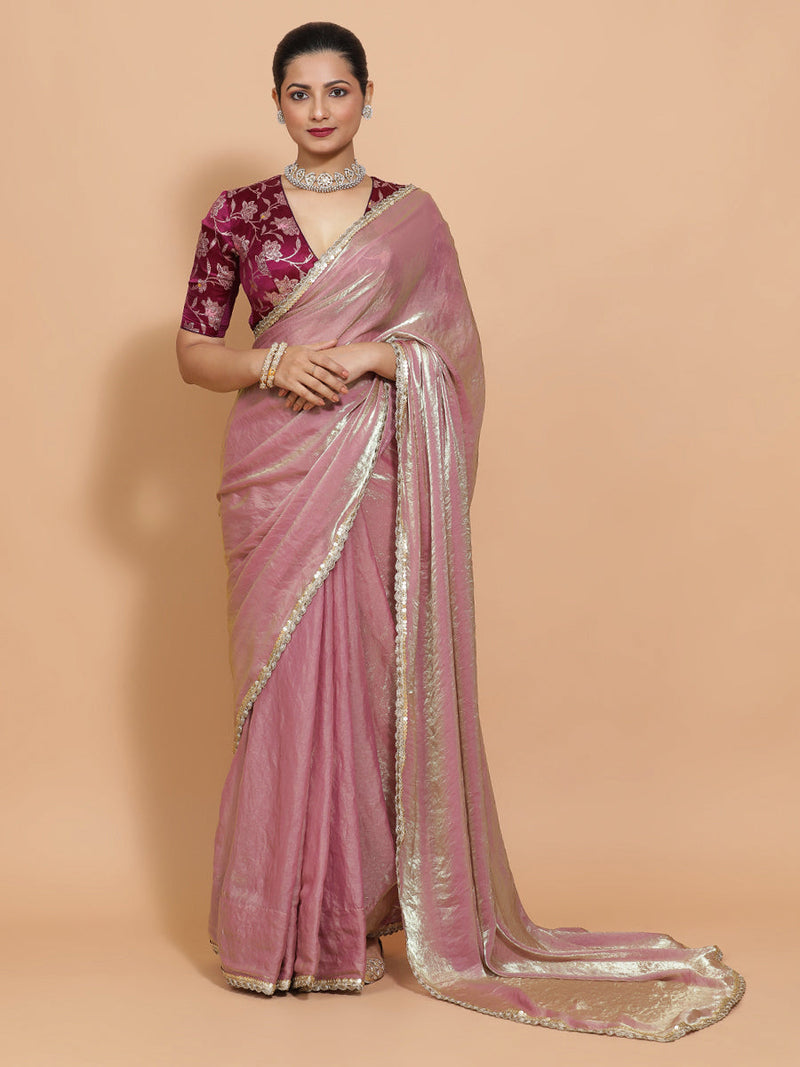 Noor DrapeFit™ One Minute Saree Combo | Silken Lavendar Tissue Saree with Purple Violet Meenakari Shabnam Blouse | Ready-To-Wear Saree Optional-Binks