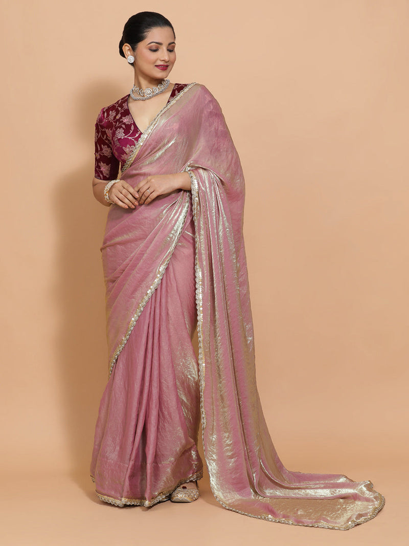 Noor DrapeFit™ One Minute Saree Combo | Silken Lavendar Tissue Saree with Purple Violet Meenakari Shabnam Blouse | Ready-To-Wear Saree Optional-Binks