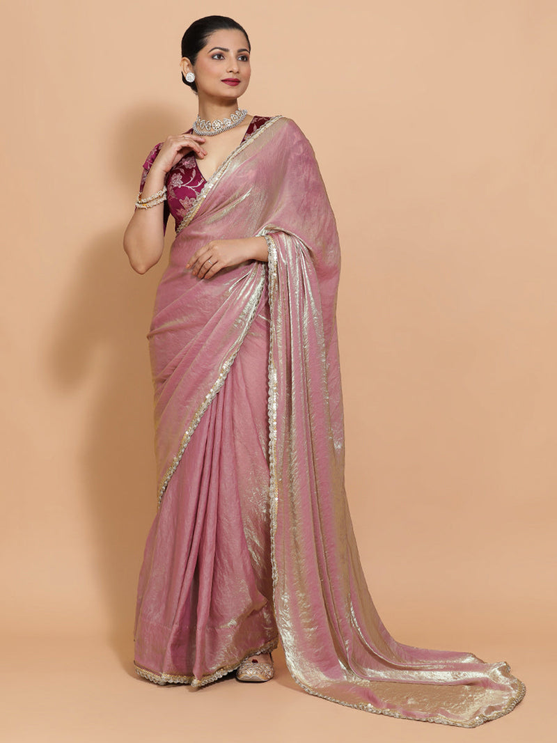 Noor DrapeFit™ One Minute Saree Combo | Silken Lavendar Tissue Saree with Purple Violet Meenakari Shabnam Blouse | Ready-To-Wear Saree Optional-Binks