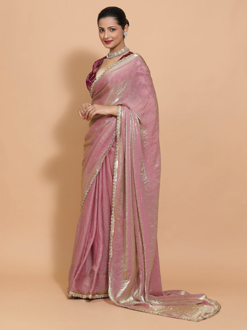 Noor DrapeFit™ One Minute Saree Combo | Silken Lavendar Tissue Saree with Purple Violet Meenakari Shabnam Blouse | Ready-To-Wear Saree Optional-Binks