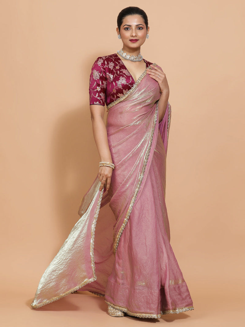 Noor DrapeFit™ One Minute Saree Combo | Silken Lavendar Tissue Saree with Purple Violet Meenakari Shabnam Blouse | Ready-To-Wear Saree Optional-Binks
