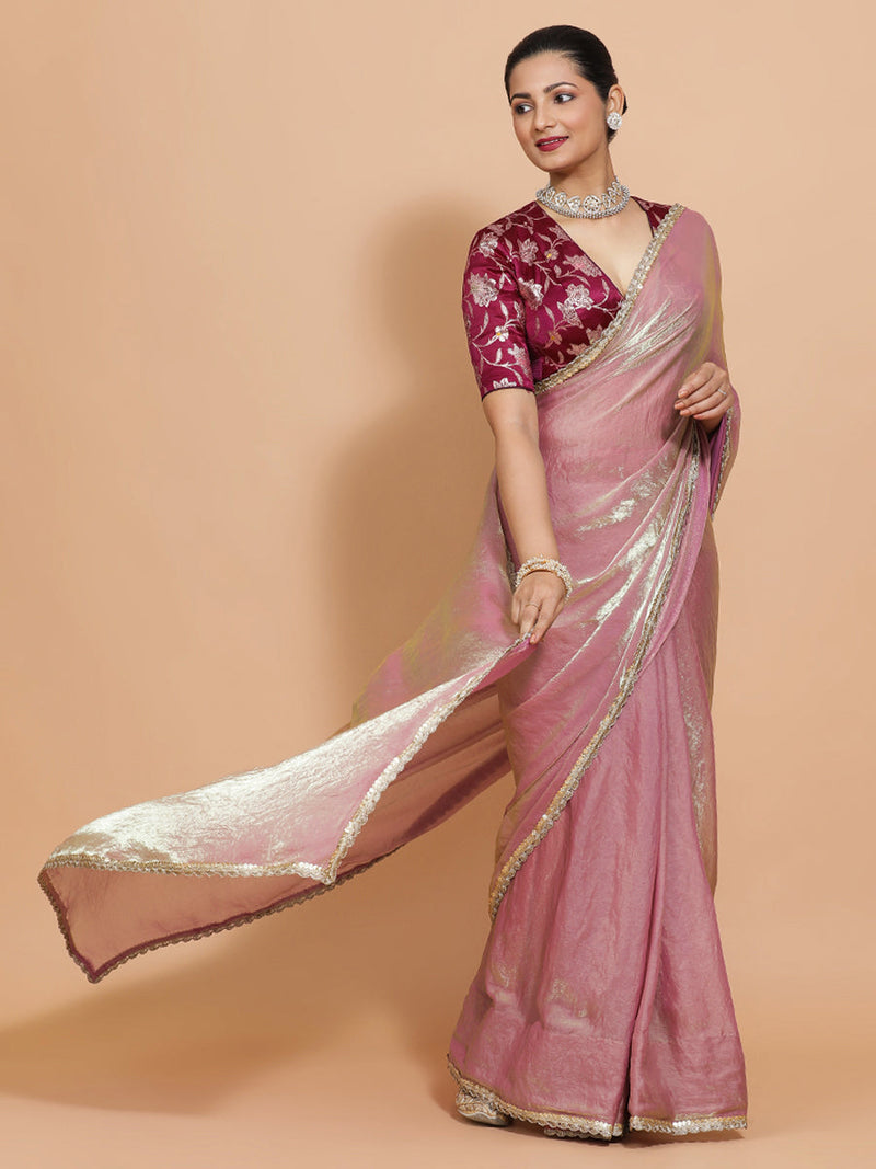 Noor DrapeFit™ One Minute Saree Combo | Silken Lavendar Tissue Saree with Purple Violet Meenakari Shabnam Blouse | Ready-To-Wear Saree Optional-Binks