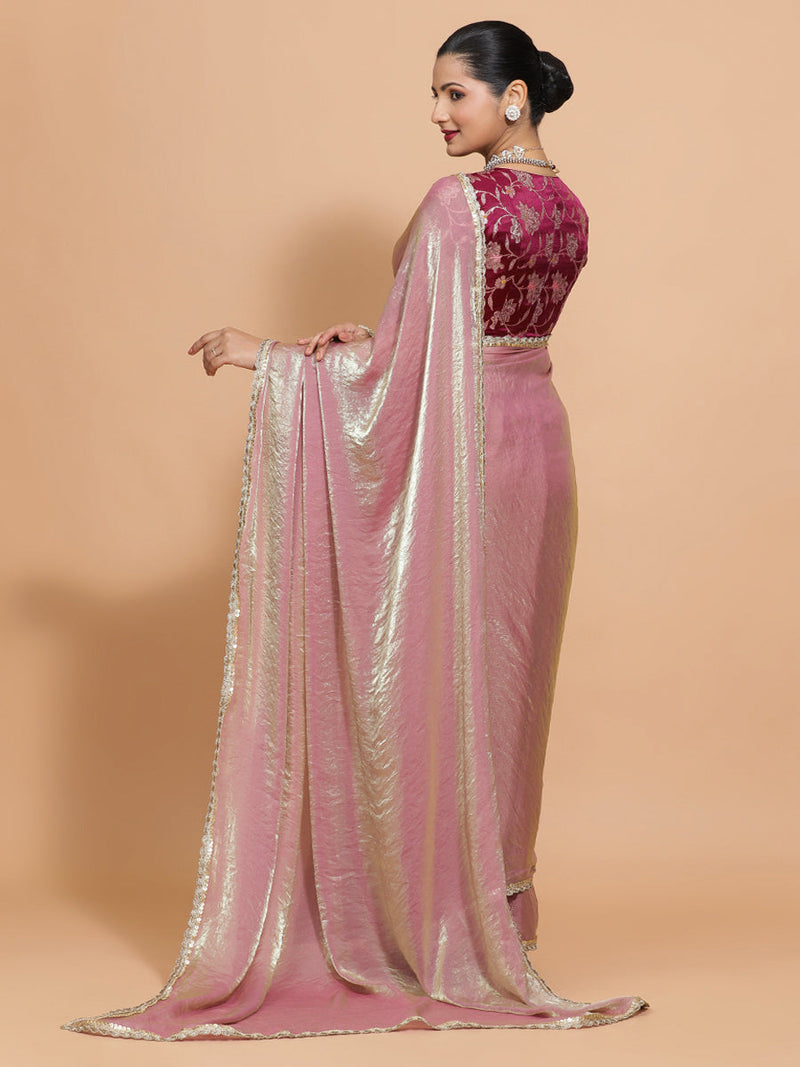 Noor DrapeFit™ One Minute Saree Combo | Silken Lavendar Tissue Saree with Purple Violet Meenakari Shabnam Blouse | Ready-To-Wear Saree Optional-Binks