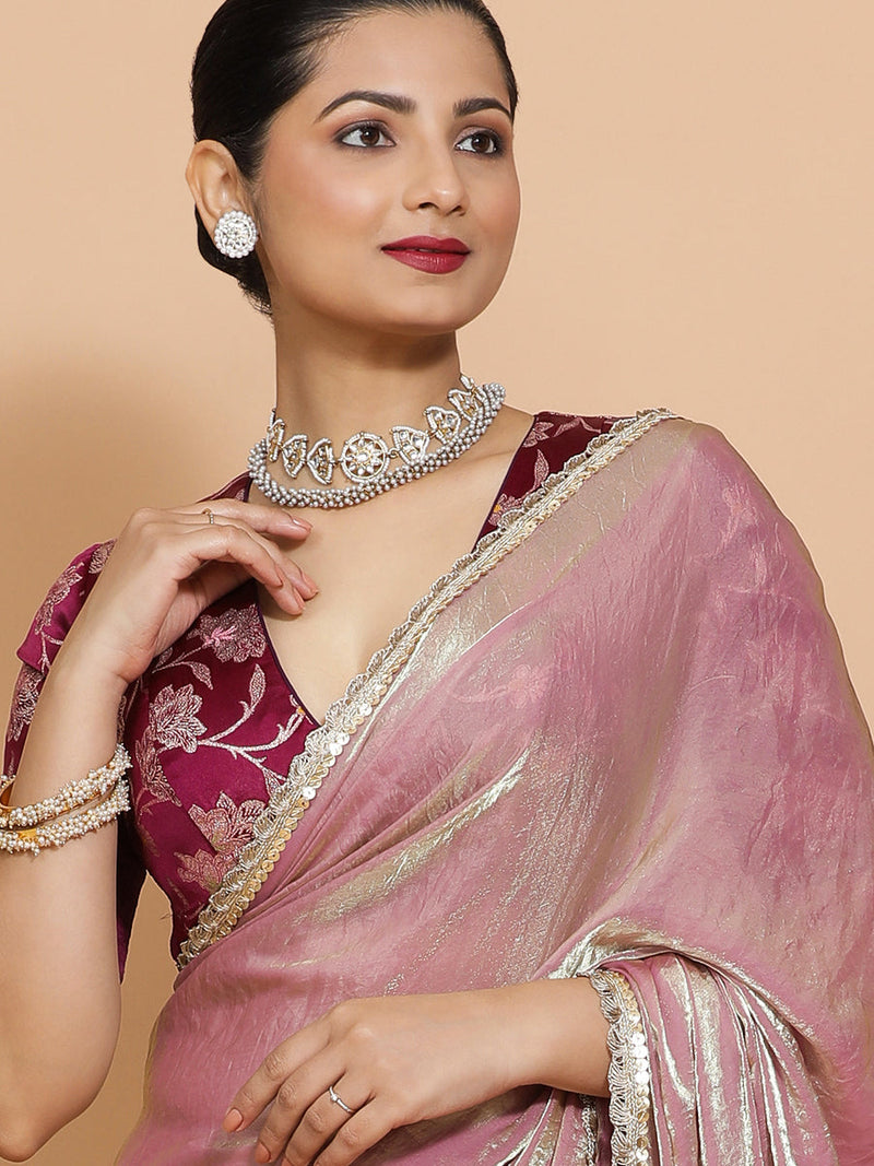 Noor DrapeFit™ One Minute Saree Combo | Silken Lavendar Tissue Saree with Purple Violet Meenakari Shabnam Blouse | Ready-To-Wear Saree Optional-Binks