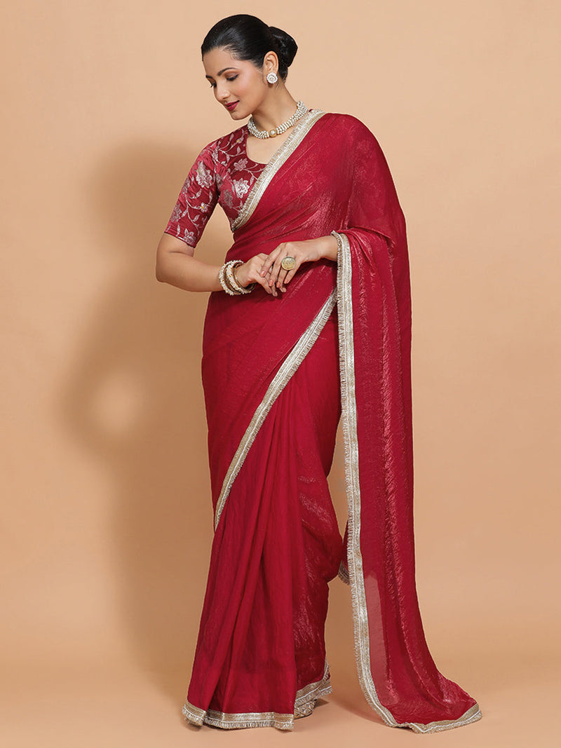 Ruby DrapeFit™ One Minute Saree Combo | Velvety Red Tissue Saree with Red Meenakari Saanvi Blouse | Ready-To-Wear Saree Optional-Binks