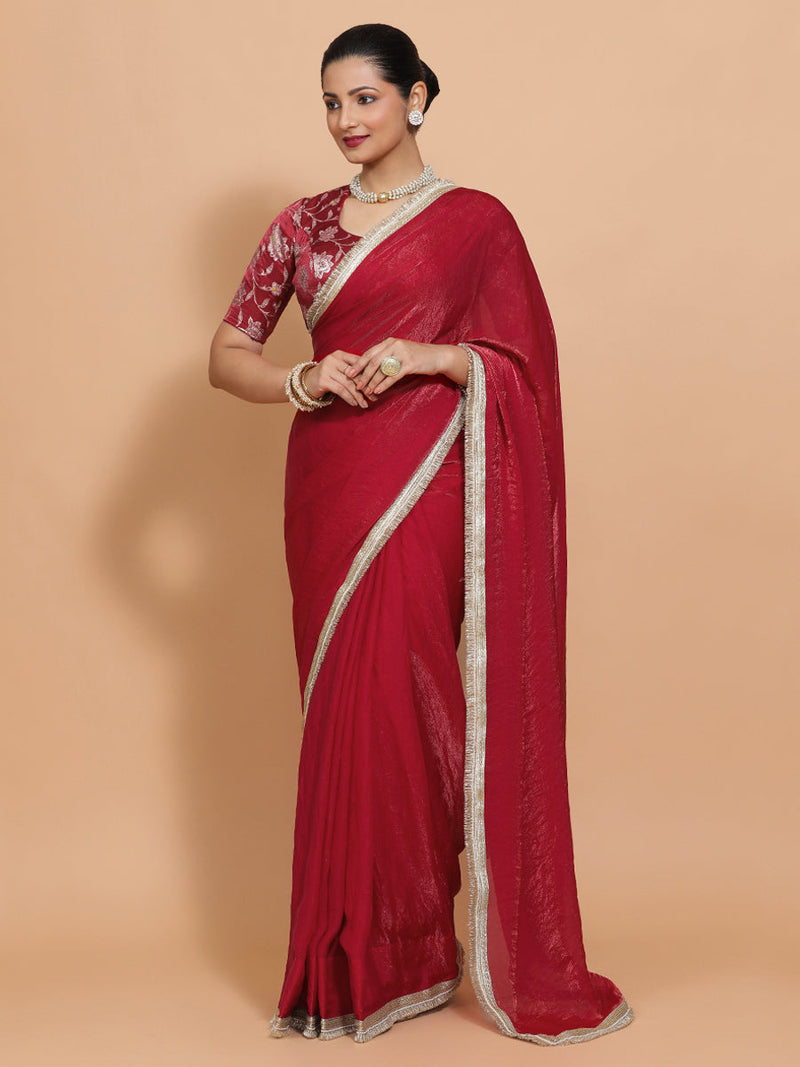 Ruby DrapeFit™ One Minute Saree Combo | Velvety Red Tissue Saree with Red Meenakari Saanvi Blouse | Ready-To-Wear Saree Optional-Binks