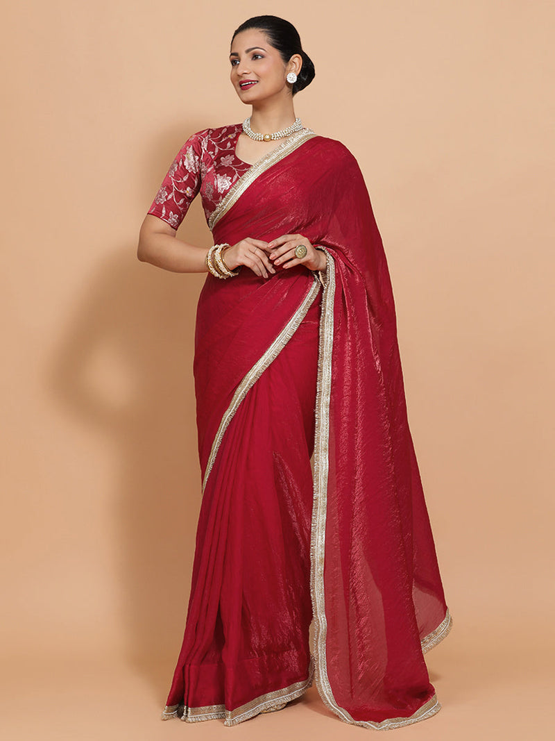 Ruby DrapeFit™ One Minute Saree Combo | Velvety Red Tissue Saree with Red Meenakari Saanvi Blouse | Ready-To-Wear Saree Optional-Binks