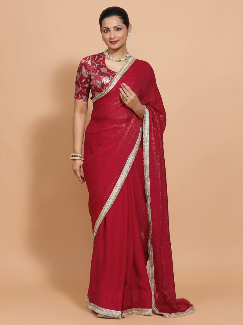 Ruby DrapeFit™ One Minute Saree Combo | Velvety Red Tissue Saree with Red Meenakari Saanvi Blouse | Ready-To-Wear Saree Optional-Binks