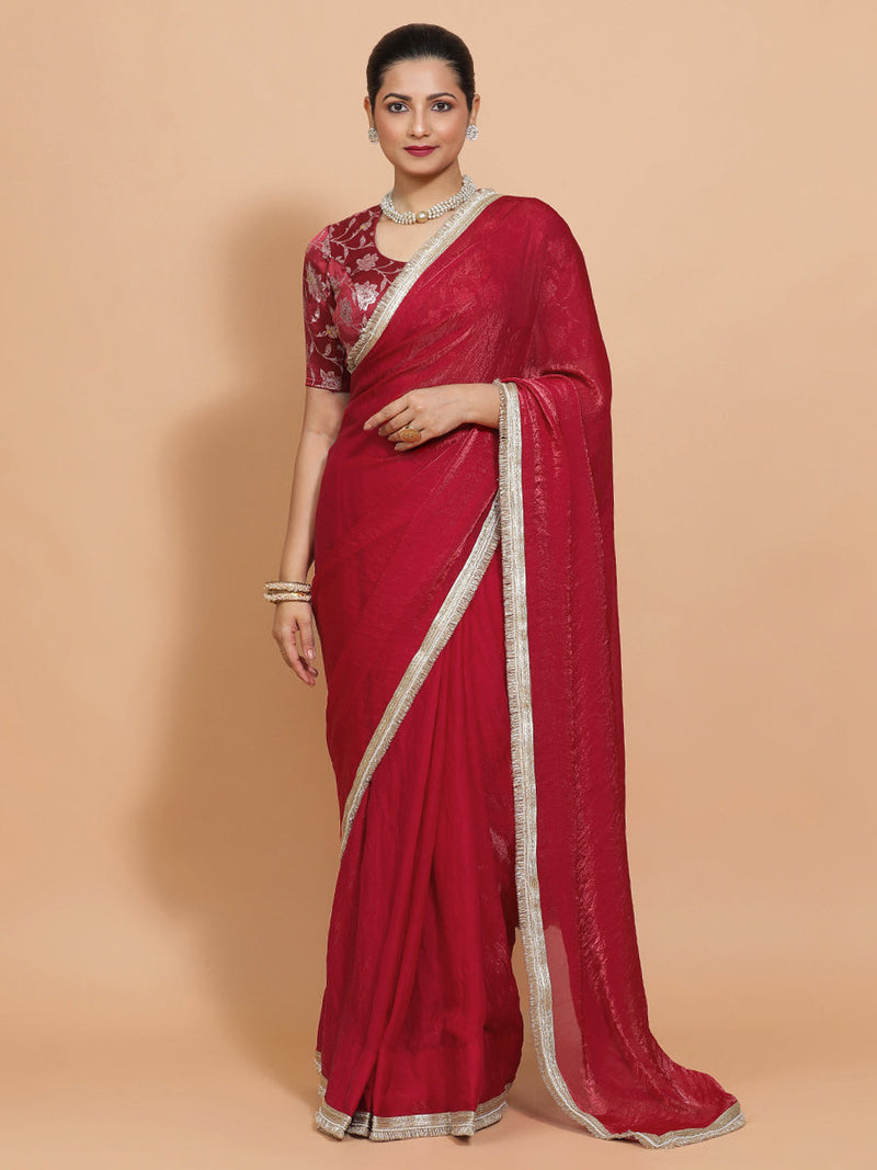 Ruby DrapeFit™ One Minute Saree Combo | Velvety Red Tissue Saree with Red Meenakari Saanvi Blouse | Ready-To-Wear Saree Optional-Binks