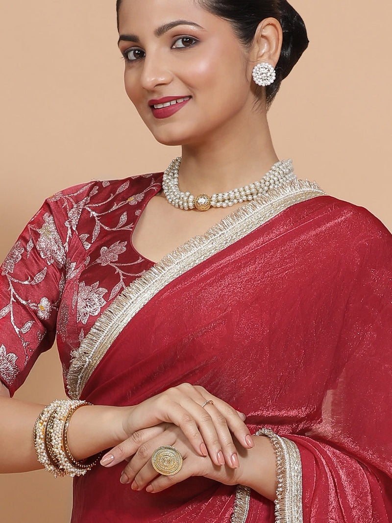 Ruby DrapeFit™ One Minute Saree Combo | Velvety Red Tissue Saree with Red Meenakari Saanvi Blouse | Ready-To-Wear Saree Optional-Binks