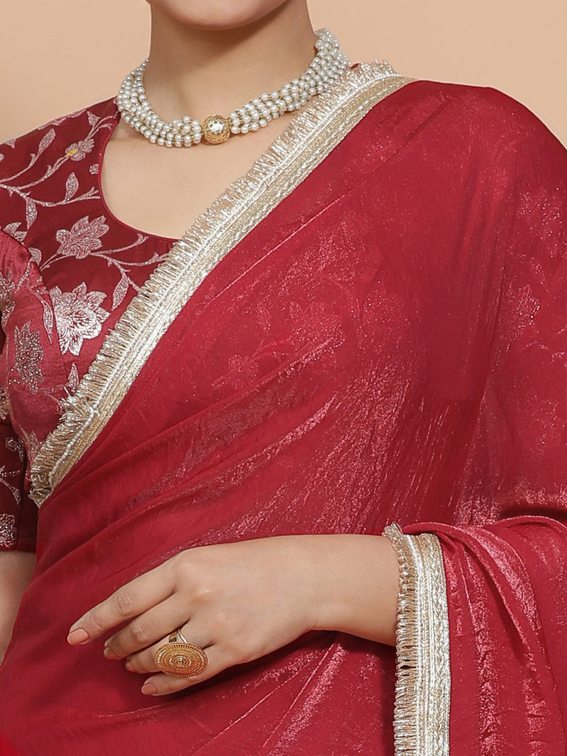 Ruby DrapeFit™ One Minute Saree Combo | Velvety Red Tissue Saree with Red Meenakari Saanvi Blouse | Ready-To-Wear Saree Optional-Binks