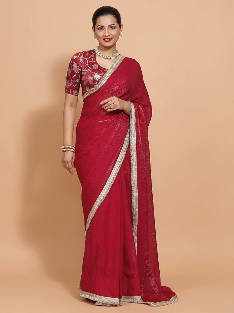 Ruby DrapeFit™ One Minute Saree Combo | Velvety Red Tissue Saree with Red Meenakari Saanvi Blouse | Ready-To-Wear Saree Optional-Binks