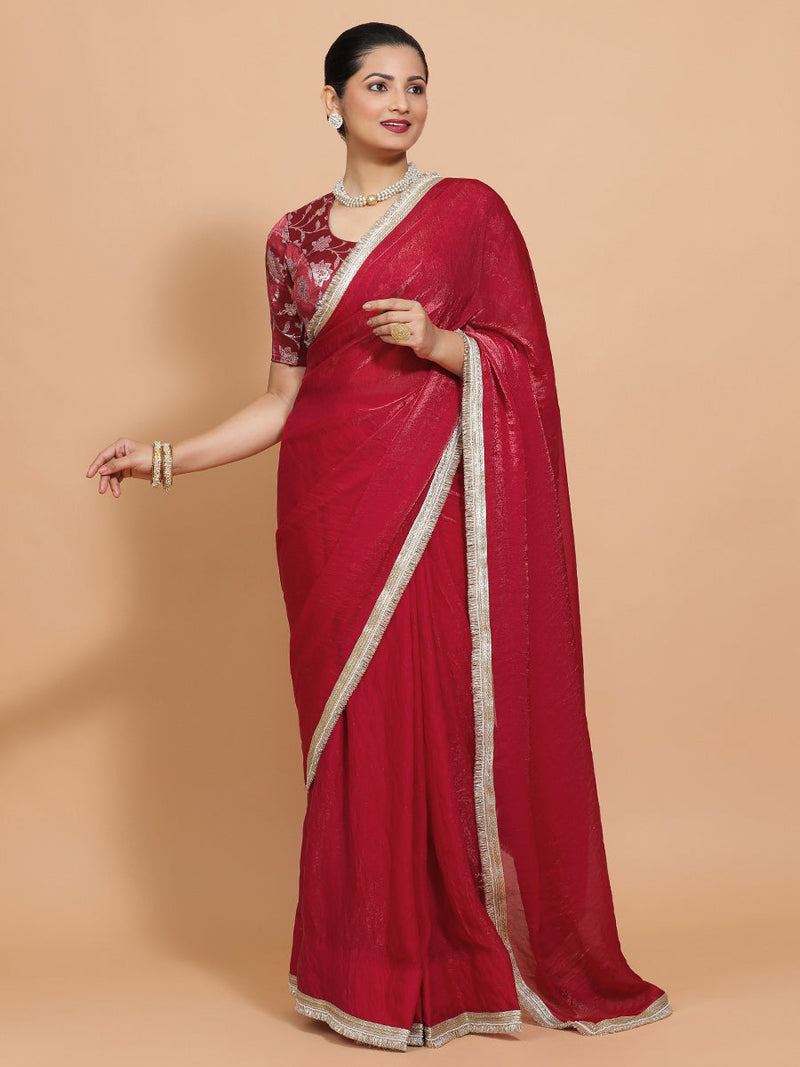 Ruby DrapeFit™ One Minute Saree Combo | Velvety Red Tissue Saree with Red Meenakari Saanvi Blouse | Ready-To-Wear Saree Optional-Binks