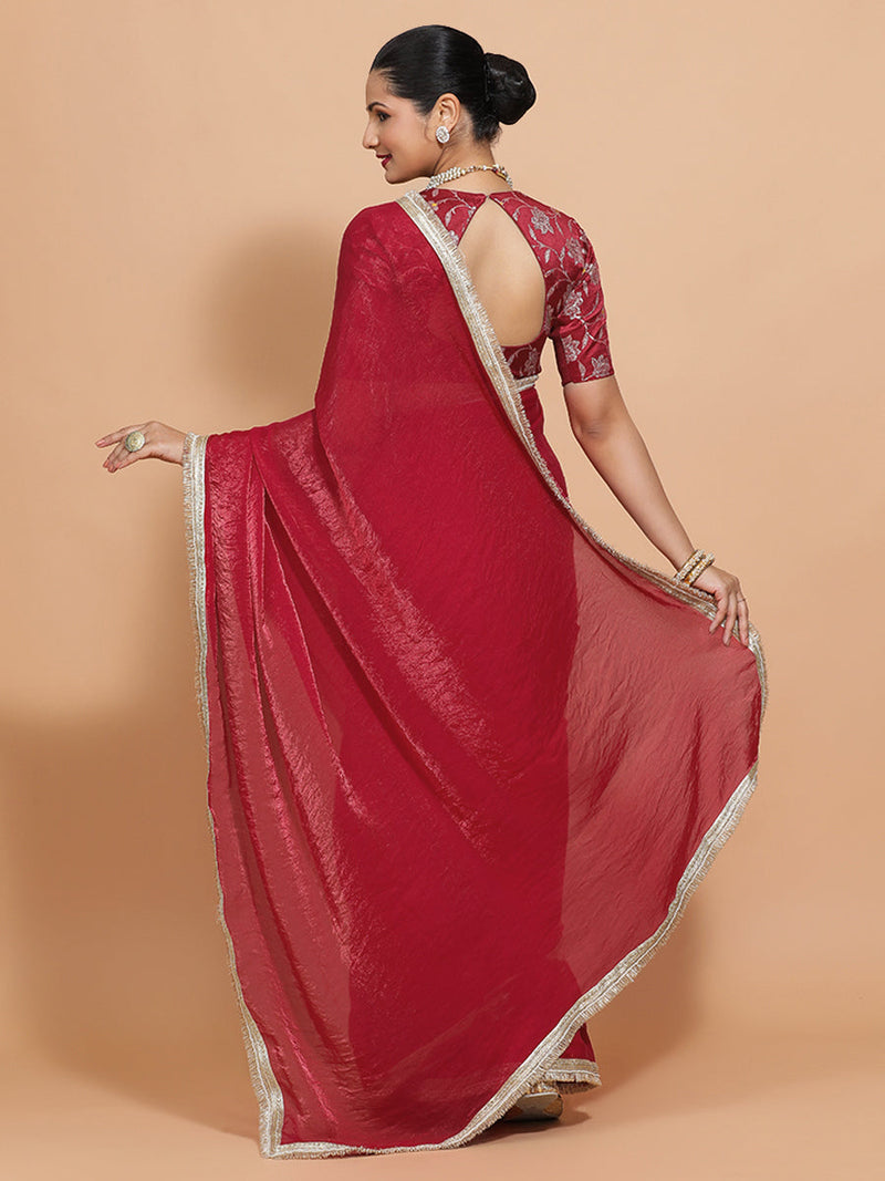 Ruby DrapeFit™ One Minute Saree Combo | Velvety Red Tissue Saree with Red Meenakari Saanvi Blouse | Ready-To-Wear Saree Optional-Binks