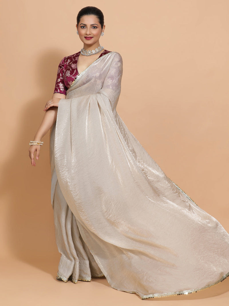 Shanaya DrapeFit™ One Minute Saree Combo | Silver Grey Tissue Saree with Violet Meenakari Shabnam Deep Neck Blouse | Ready-To-Wear Saree Optional-Binks