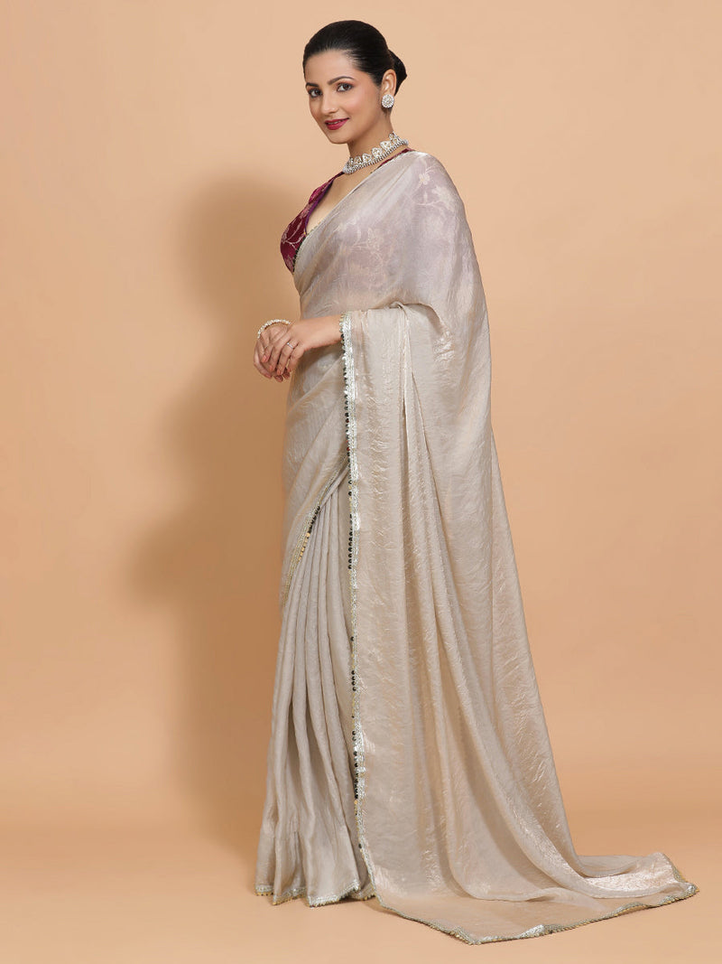Shanaya DrapeFit™ One Minute Saree Combo | Silver Grey Tissue Saree with Violet Meenakari Shabnam Deep Neck Blouse | Ready-To-Wear Saree Optional-Binks