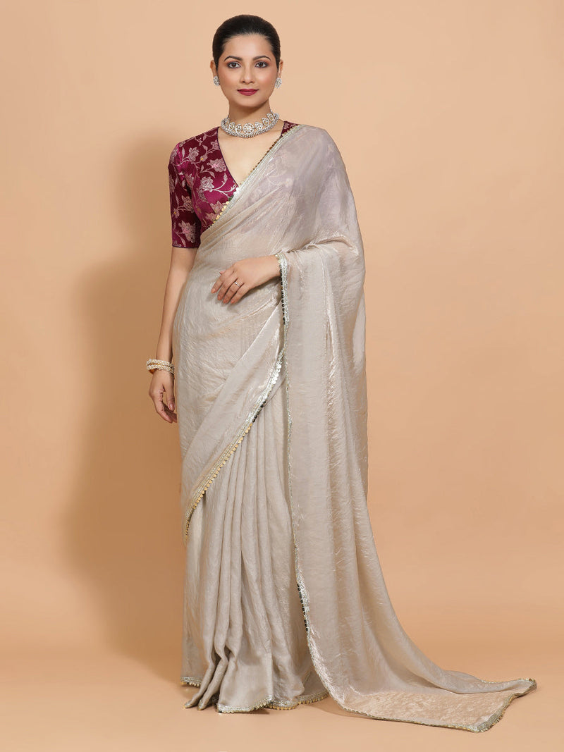 Shanaya DrapeFit™ One Minute Saree Combo | Silver Grey Tissue Saree with Violet Meenakari Shabnam Deep Neck Blouse | Ready-To-Wear Saree Optional-Binks