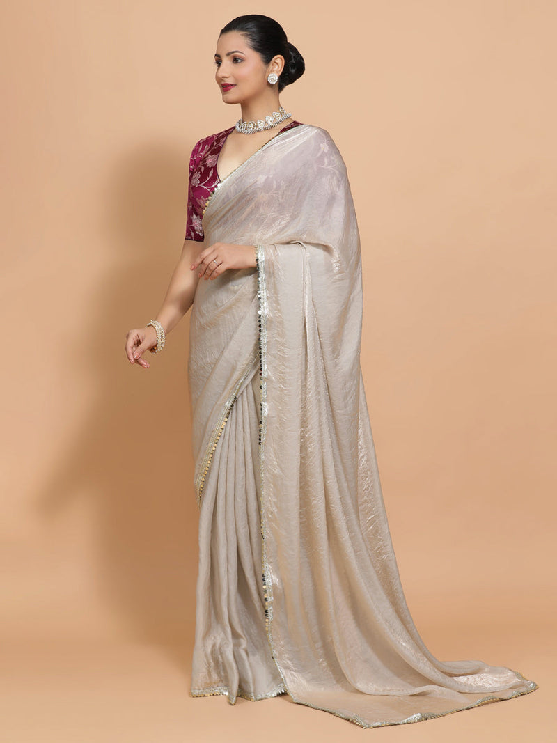 Shanaya DrapeFit™ One Minute Saree Combo | Silver Grey Tissue Saree with Violet Meenakari Shabnam Deep Neck Blouse | Ready-To-Wear Saree Optional-Binks