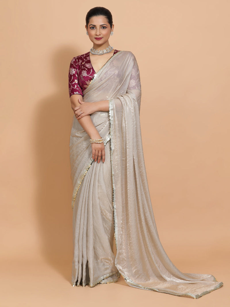 Shanaya DrapeFit™ One Minute Saree Combo | Silver Grey Tissue Saree with Violet Meenakari Shabnam Deep Neck Blouse | Ready-To-Wear Saree Optional-Binks