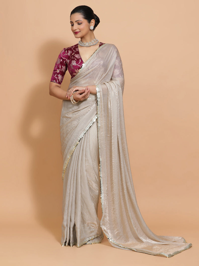 Shanaya DrapeFit™ One Minute Saree Combo | Silver Grey Tissue Saree with Violet Meenakari Shabnam Deep Neck Blouse | Ready-To-Wear Saree Optional-Binks