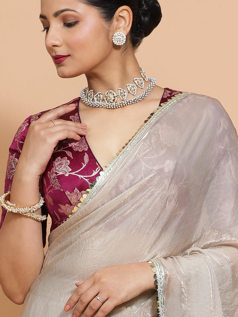 Shanaya DrapeFit™ One Minute Saree Combo | Silver Grey Tissue Saree with Violet Meenakari Shabnam Deep Neck Blouse | Ready-To-Wear Saree Optional-Binks