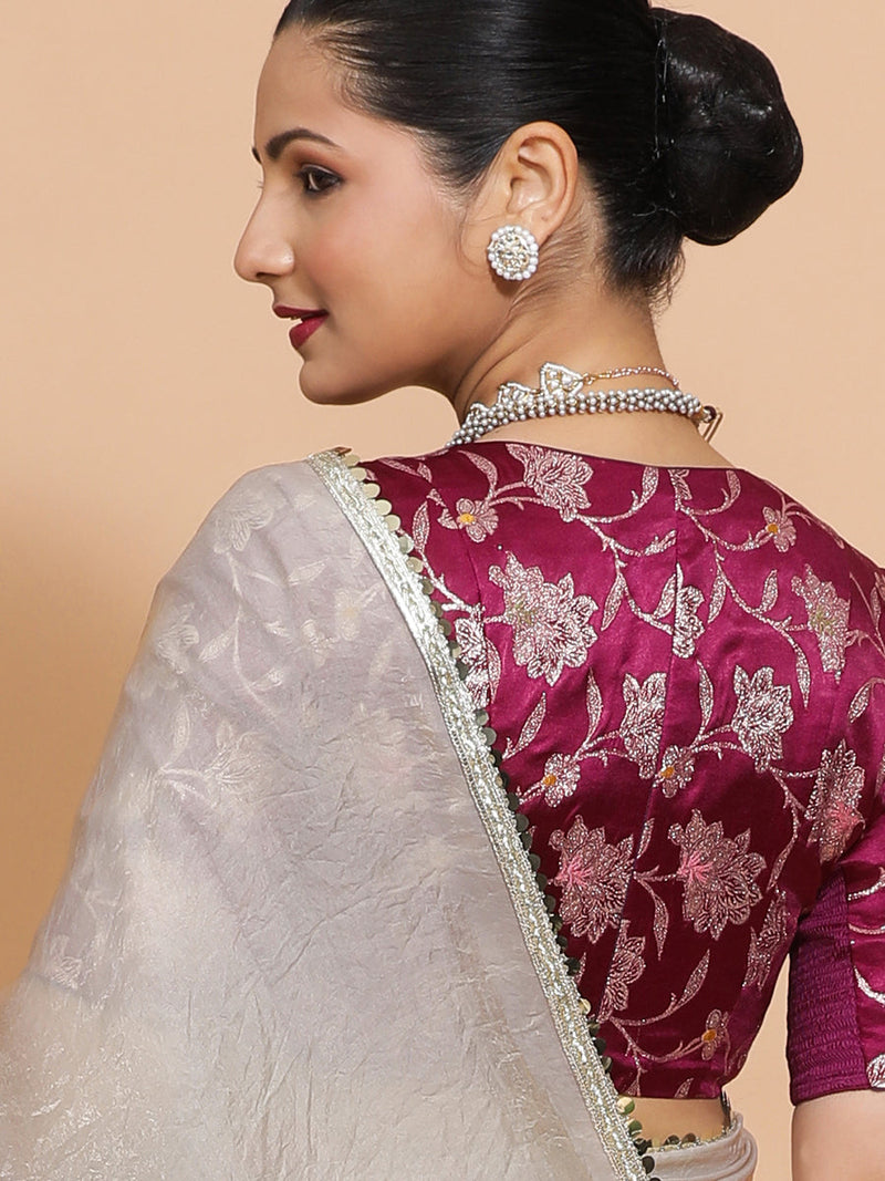 Shanaya DrapeFit™ One Minute Saree Combo | Silver Grey Tissue Saree with Violet Meenakari Shabnam Deep Neck Blouse | Ready-To-Wear Saree Optional-Binks