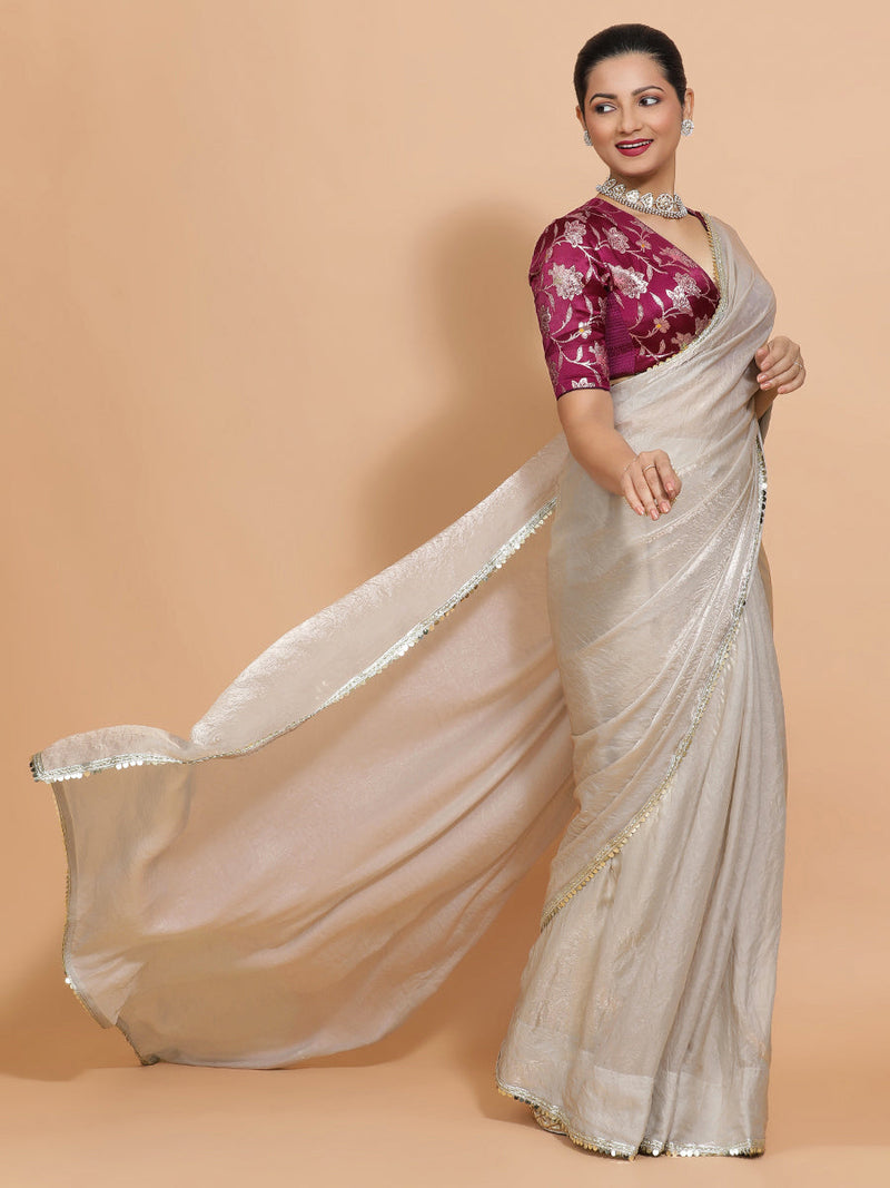 Shanaya DrapeFit™ One Minute Saree Combo | Silver Grey Tissue Saree with Violet Meenakari Shabnam Deep Neck Blouse | Ready-To-Wear Saree Optional-Binks