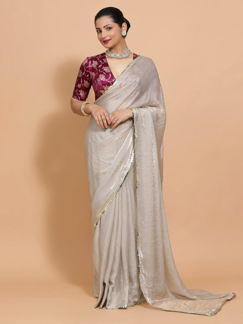 Shanaya DrapeFit™ One Minute Saree Combo | Silver Grey Tissue Saree with Violet Meenakari Shabnam Deep Neck Blouse | Ready-To-Wear Saree Optional-Binks