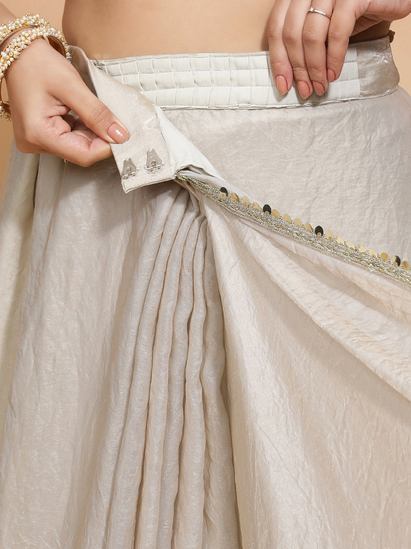 Shanaya DrapeFit™ One Minute Saree Combo | Silver Grey Tissue Saree with Violet Meenakari Shabnam Deep Neck Blouse | Ready-To-Wear Saree Optional-Binks