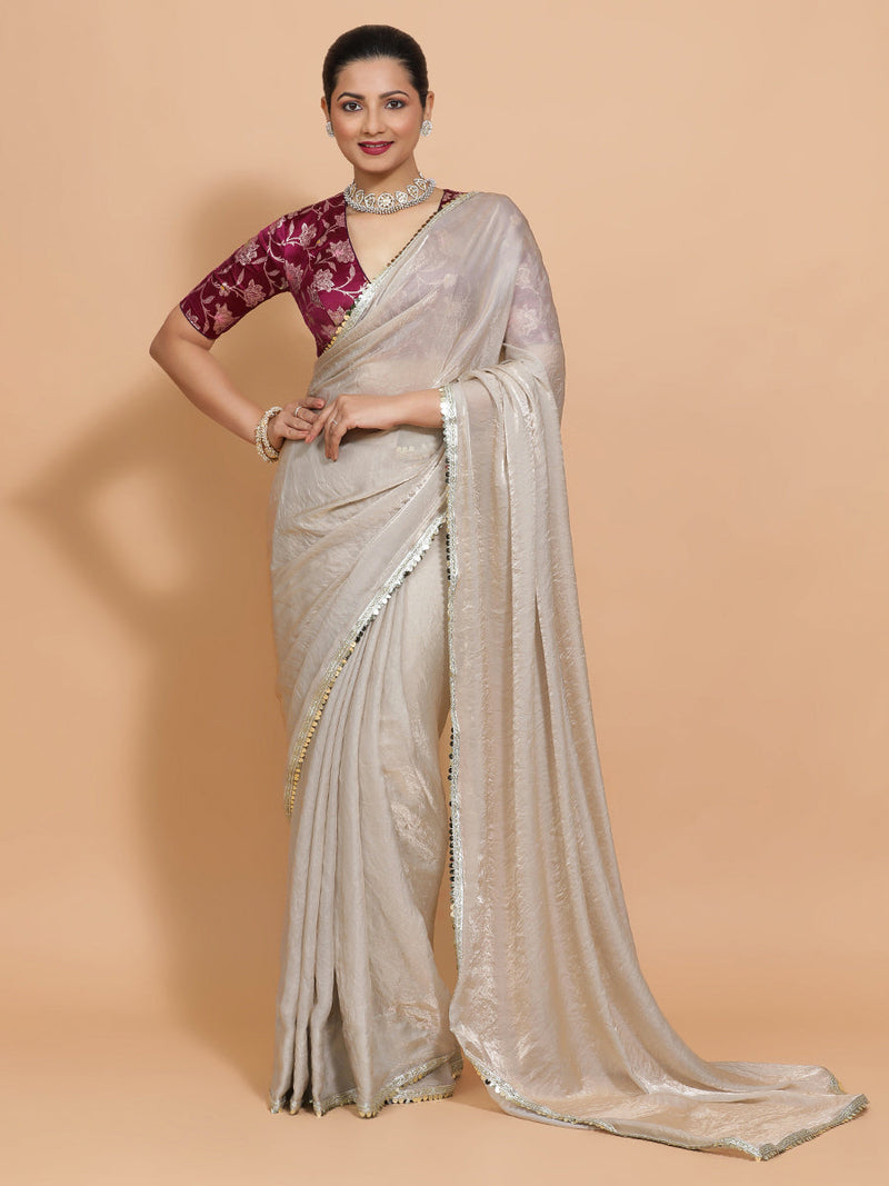 Shanaya DrapeFit™ One Minute Saree Combo | Silver Grey Tissue Saree with Violet Meenakari Shabnam Deep Neck Blouse | Ready-To-Wear Saree Optional-Binks