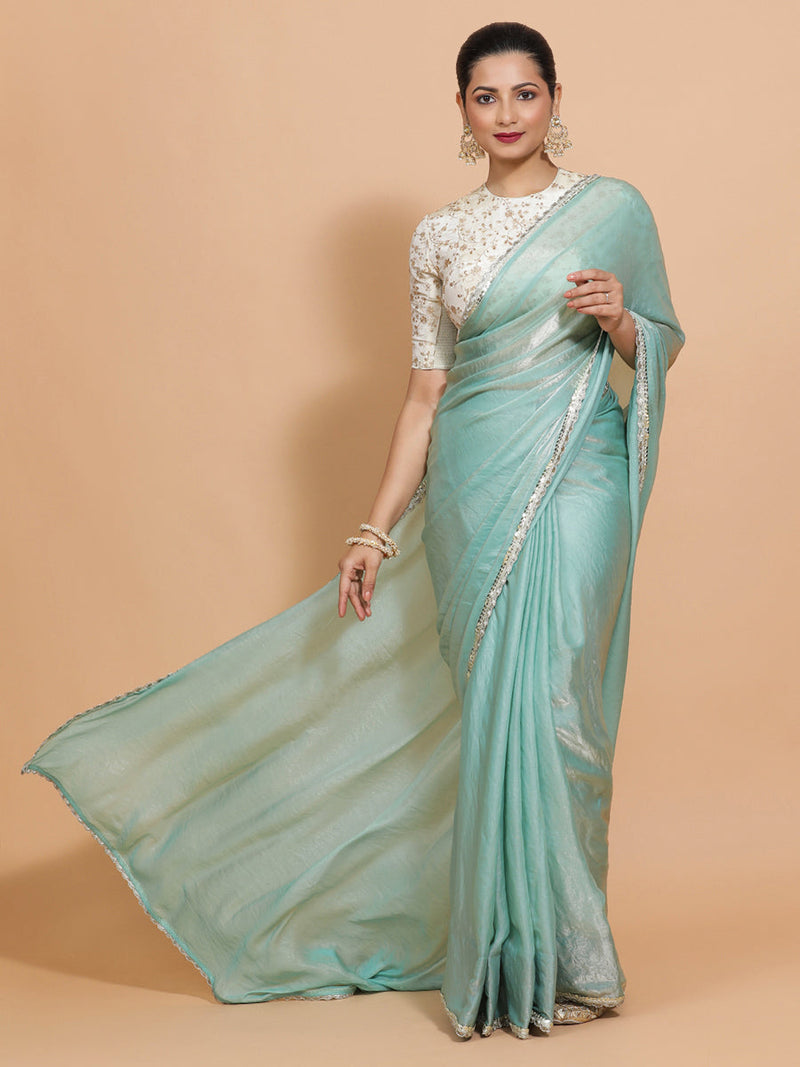 Sophia DrapeFit™ One Minute Saree Combo | Aqua Sheen Tissue Saree with Cream Embroidered Zeelaf Blouse | Ready-To-Wear Saree Optional-Binks