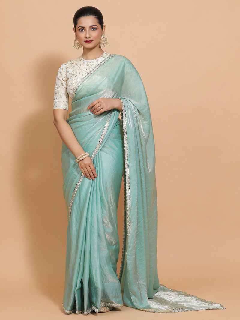 Sophia DrapeFit™ One Minute Saree Combo | Aqua Sheen Tissue Saree with Cream Embroidered Zeelaf Blouse | Ready-To-Wear Saree Optional-Binks